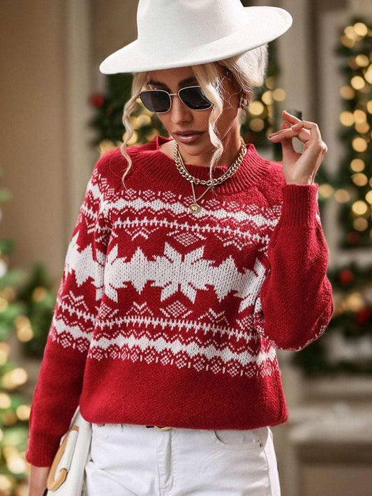 Perfee Geometric Round Neck Long Sleeve Sweater - Trendsi - Flyclothing LLC