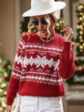 Perfee Geometric Round Neck Long Sleeve Sweater - Trendsi