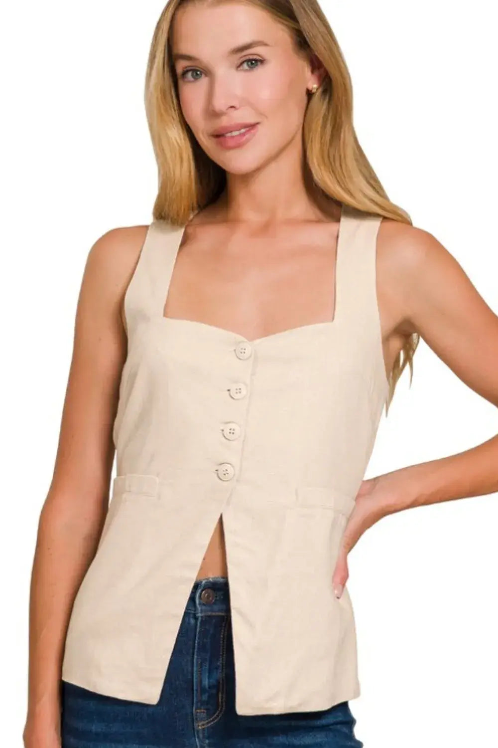 Zenana Linen Tie-back 4-button Vest with Lining - Trendsi - Flyclothing LLC