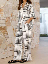 Button Down Half Sleeve Top and Pants Set - Trendsi - Flyclothing LLC