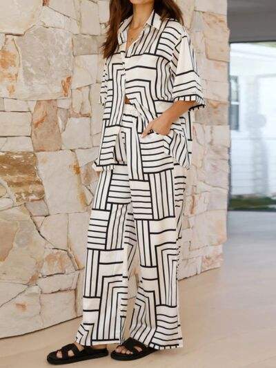 Button Down Half Sleeve Top and Pants Set - Trendsi - Flyclothing LLC