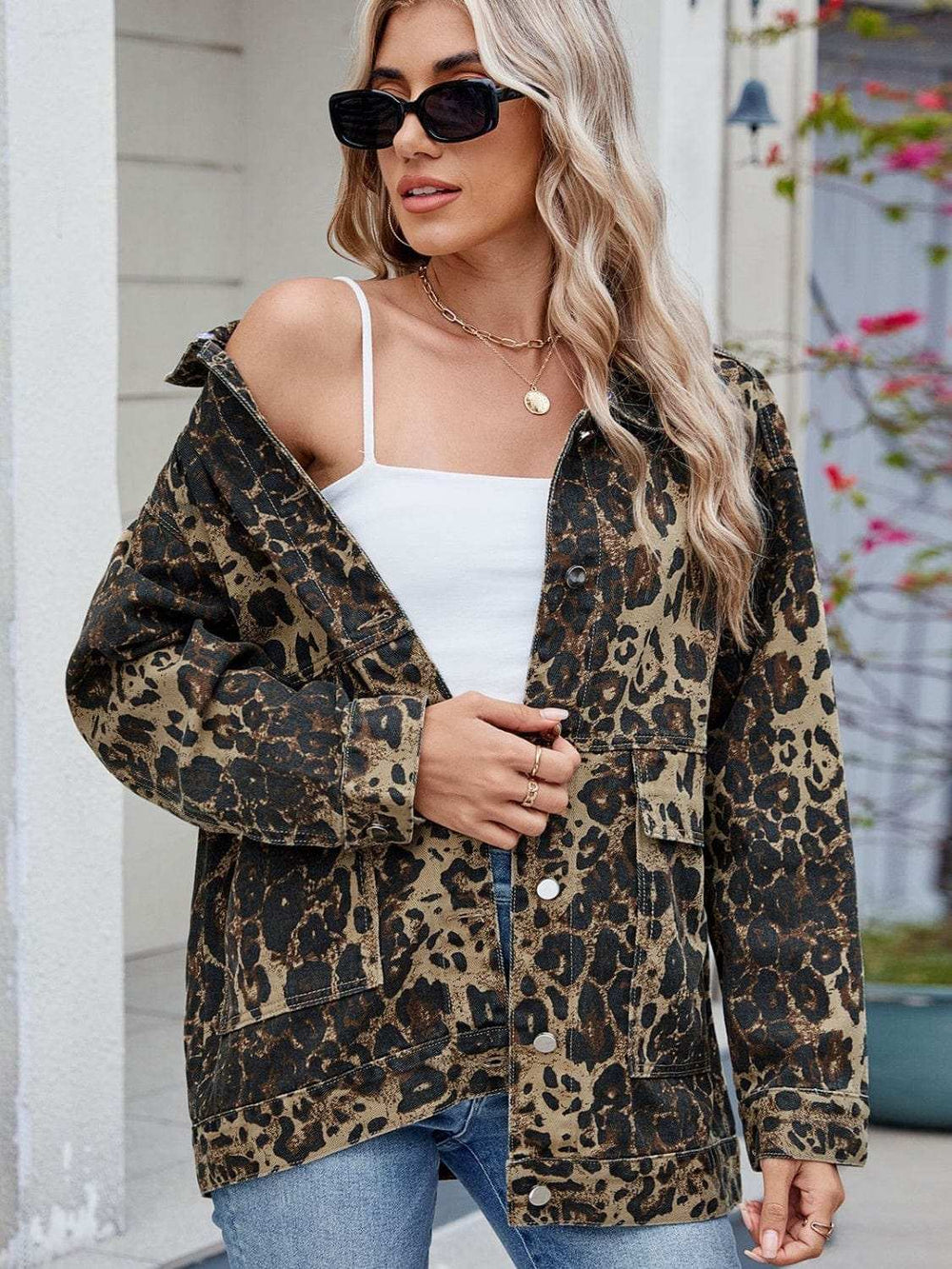 Leopard Button Up Drop Shoulder Denim Jacket - Trendsi - Flyclothing LLC