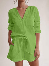 Notched Long Sleeve Top and Shorts Set - Trendsi - Flyclothing LLC