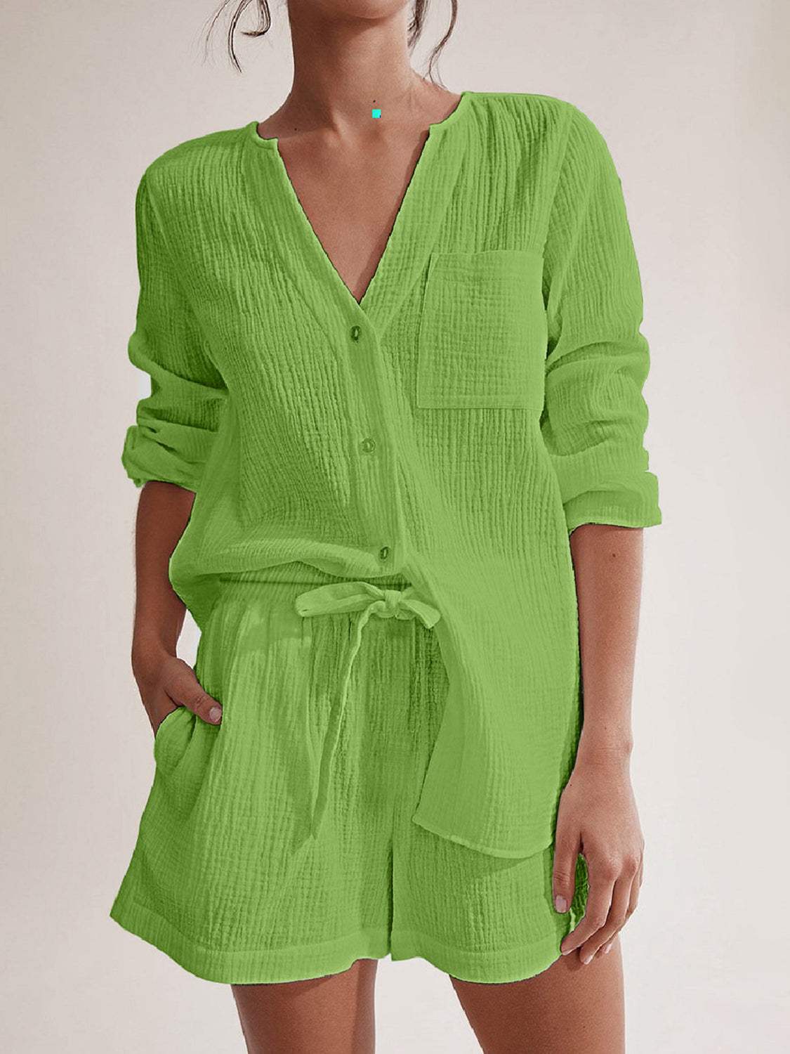 Notched Long Sleeve Top and Shorts Set - Trendsi - Flyclothing LLC
