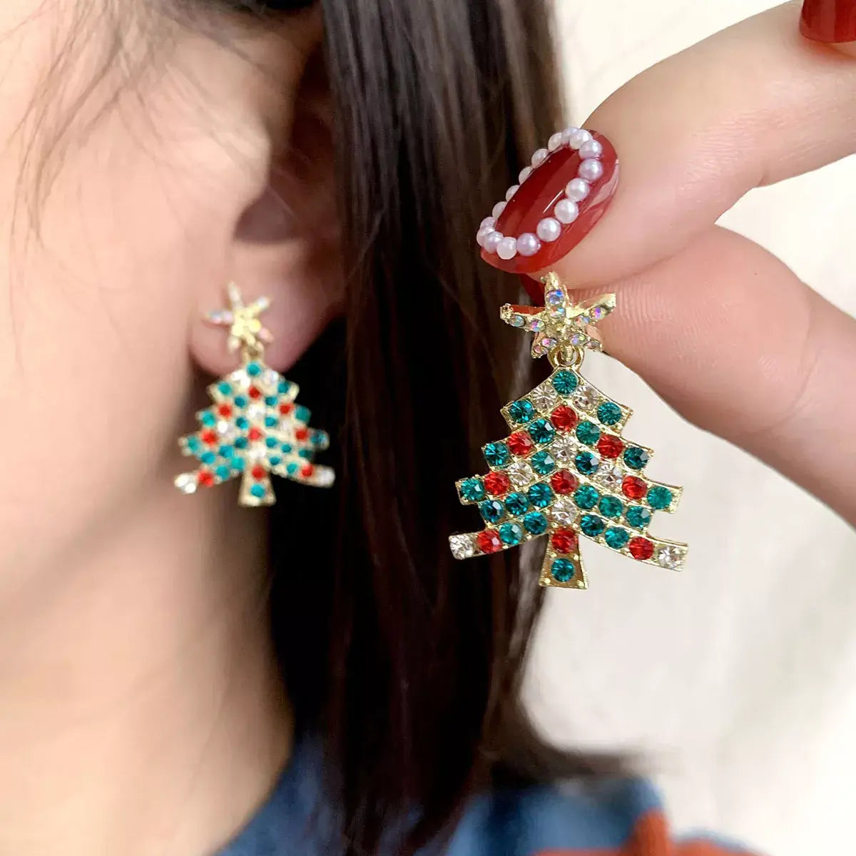 Christmas Tree Rhinestone Earrings - Trendsi - Flyclothing LLC