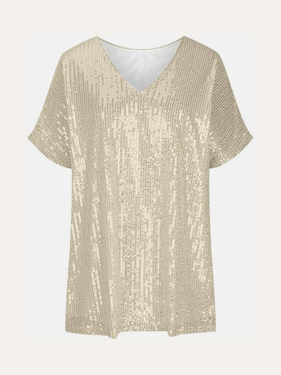 Full Size Sequin V-Neck Short Sleeve Top - Trendsi - Flyclothing LLC