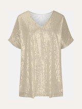 Full Size Sequin V-Neck Short Sleeve Top - Trendsi - Flyclothing LLC