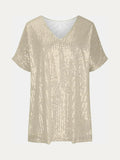 Full Size Sequin V-Neck Short Sleeve Top - Trendsi