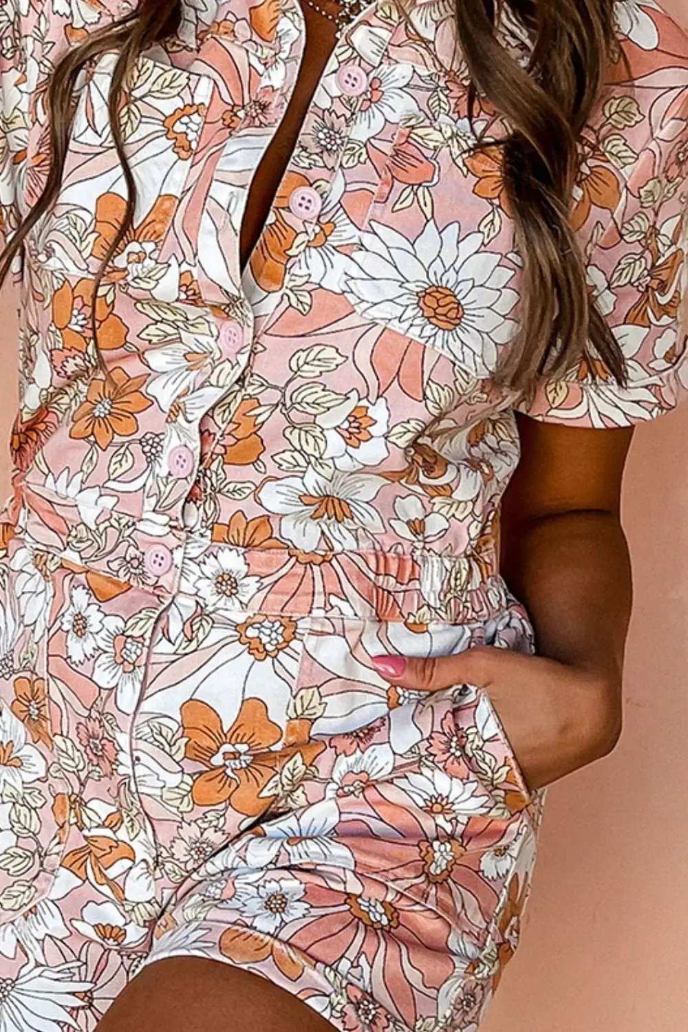 Printed Half Button Short Sleeve Romper - Trendsi - Flyclothing LLC