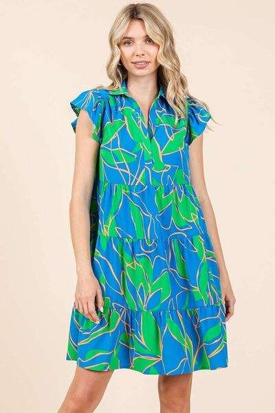 Mittoshop Leaf Print Ruffle Sleeve Tiered Mini Dress - Trendsi - Flyclothing LLC