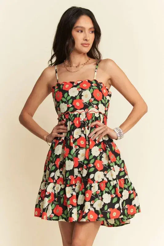 Davi & Dani Floral Scalloped Cutout Back Mini Dress - Trendsi - Flyclothing LLC