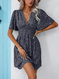 Printed V-Neck Half Sleeve Mini Dress - Trendsi