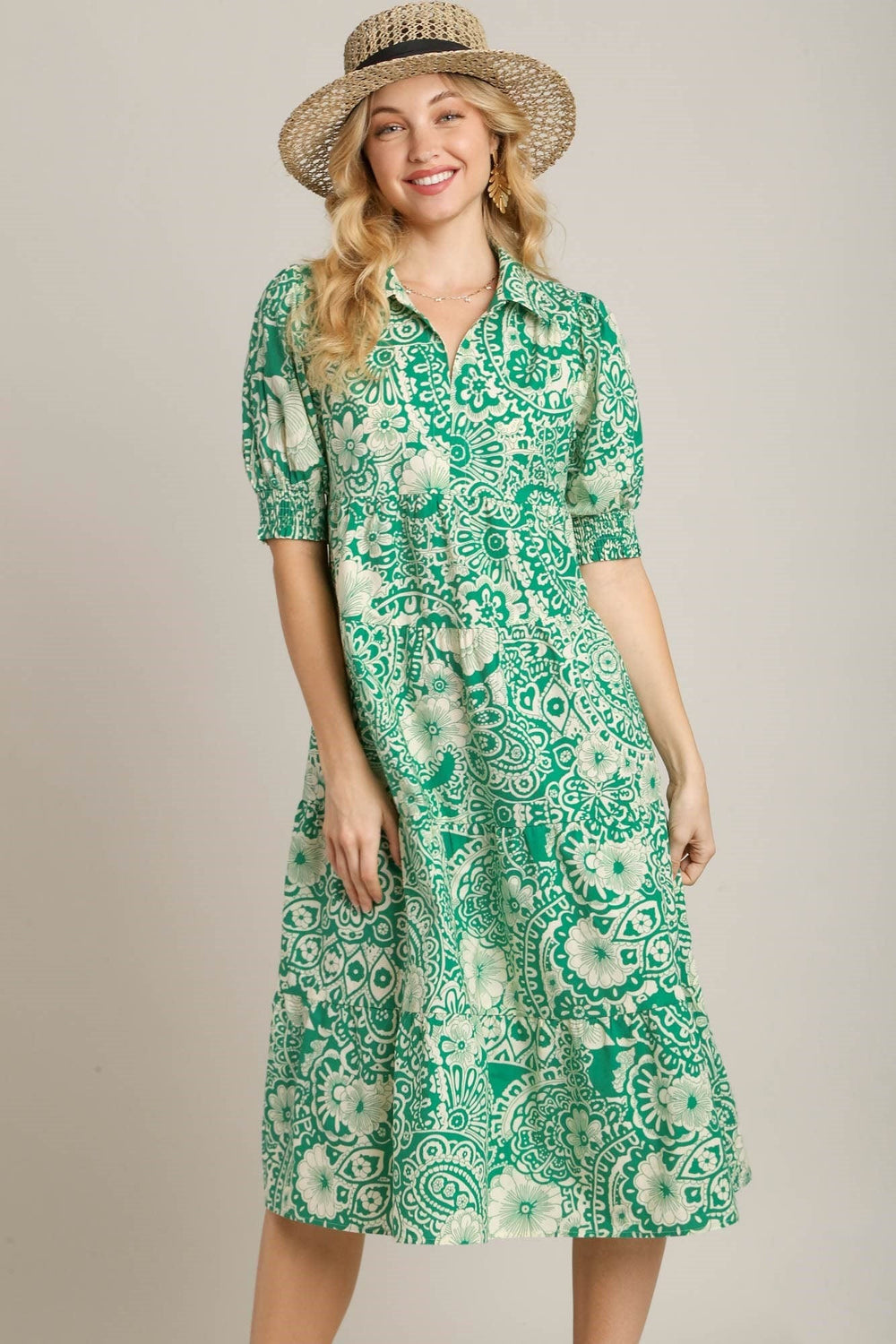 Umgee Full Size Printed Smocked Cuff Puff Sleeve Midi Dress Plus Size - Trendsi
