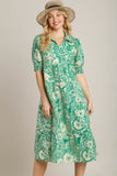 Umgee Full Size Printed Smocked Cuff Puff Sleeve Midi Dress Plus Size - Trendsi