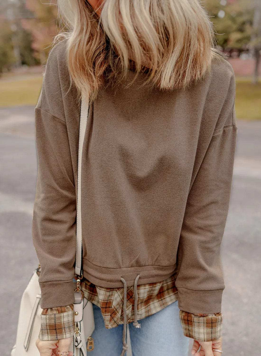 Drawstring Plaid Turtleneck Long Sleeve Top - Trendsi - Flyclothing LLC