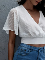 Short Sleeve Smocked Swiss Dot Blouse - Trendsi - Flyclothing LLC