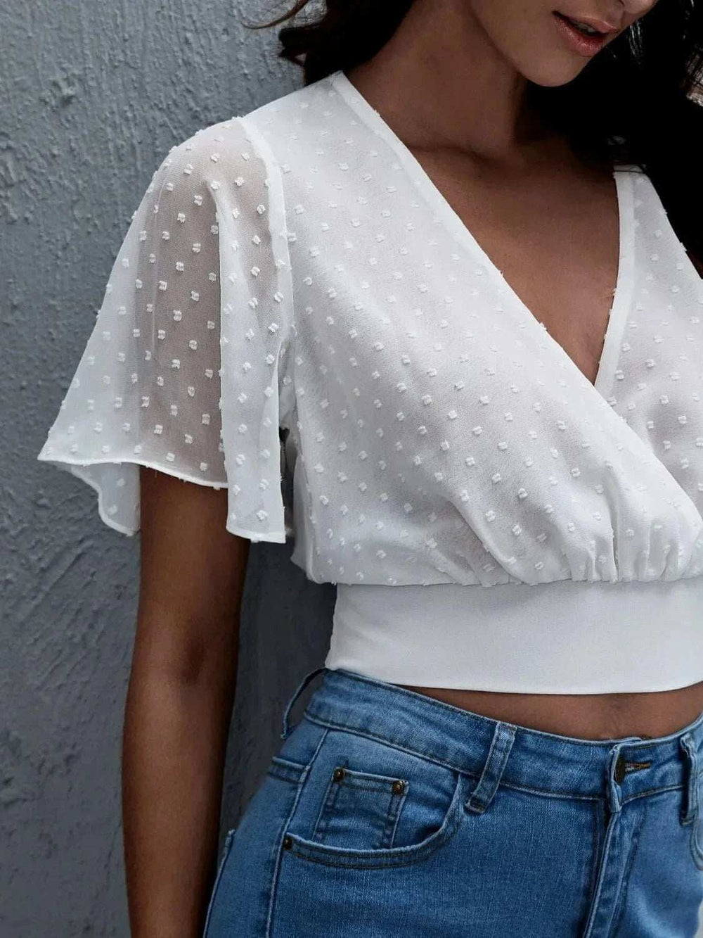 Short Sleeve Smocked Swiss Dot Blouse - Trendsi - Flyclothing LLC