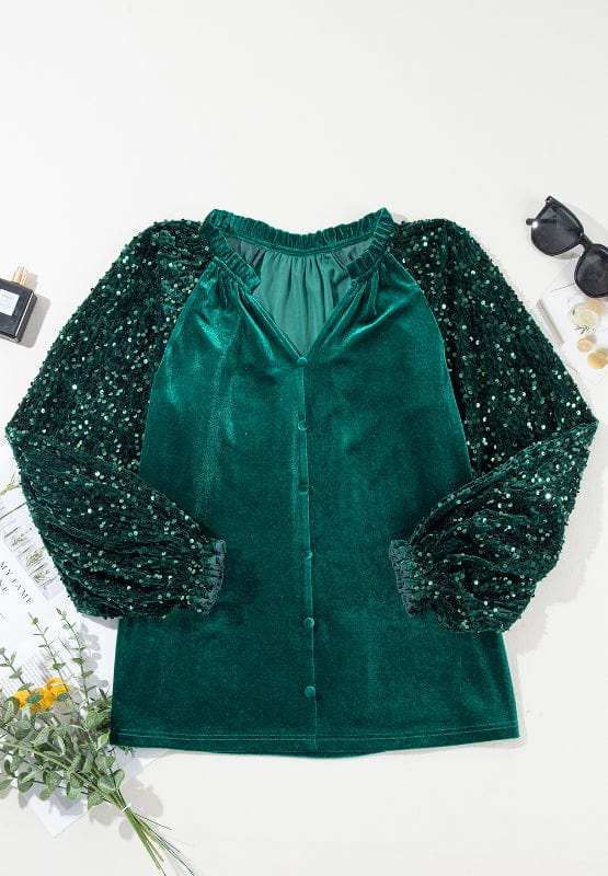 Sequin Notched Long Sleeve Blouse - Trendsi - Flyclothing LLC