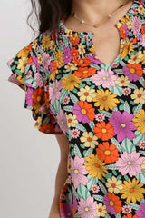 Umgee Full Size Floral Printed Smocked Top Plus Size - Trendsi - Flyclothing LLC