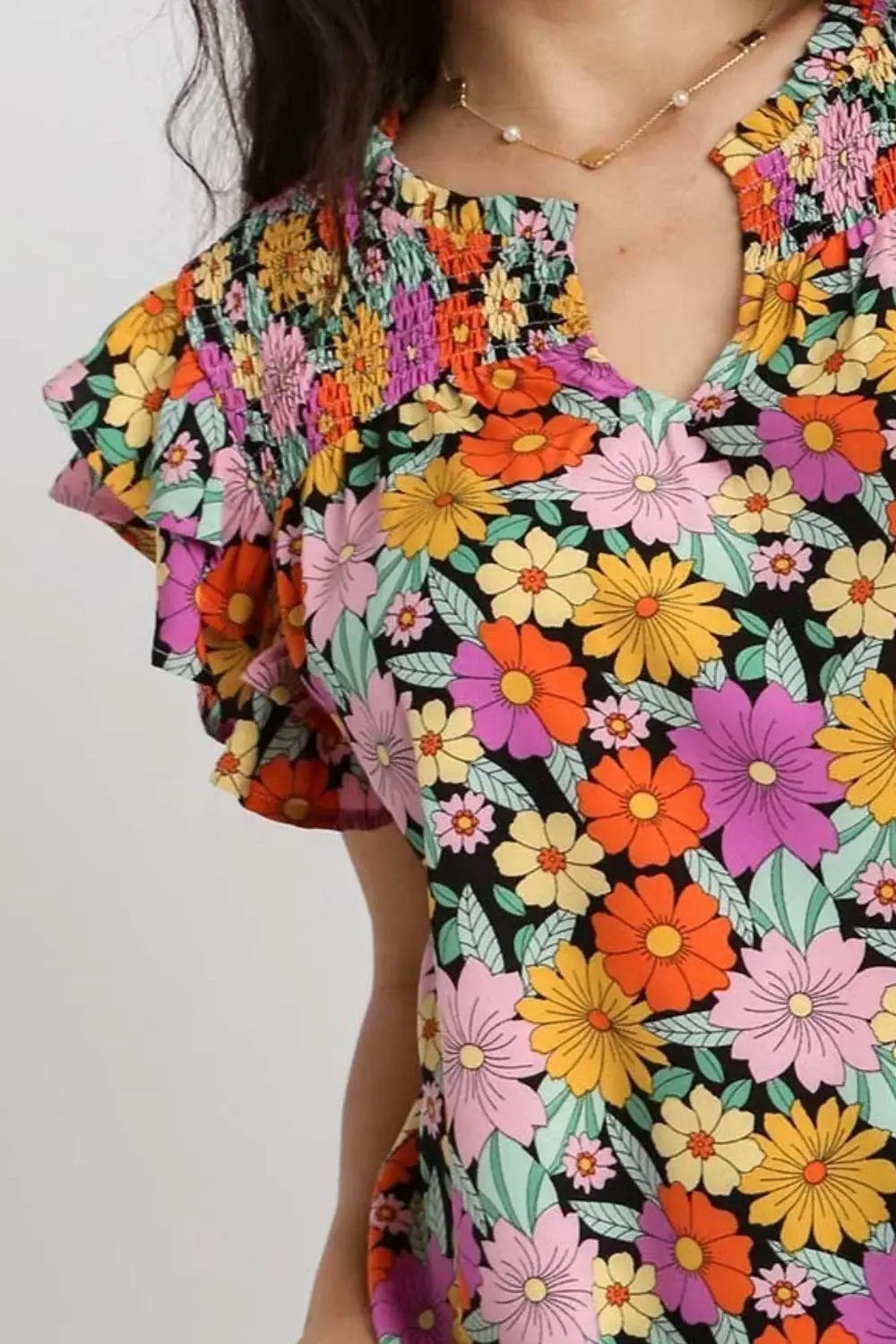 Umgee Full Size Floral Printed Smocked Top Plus Size - Trendsi - Flyclothing LLC