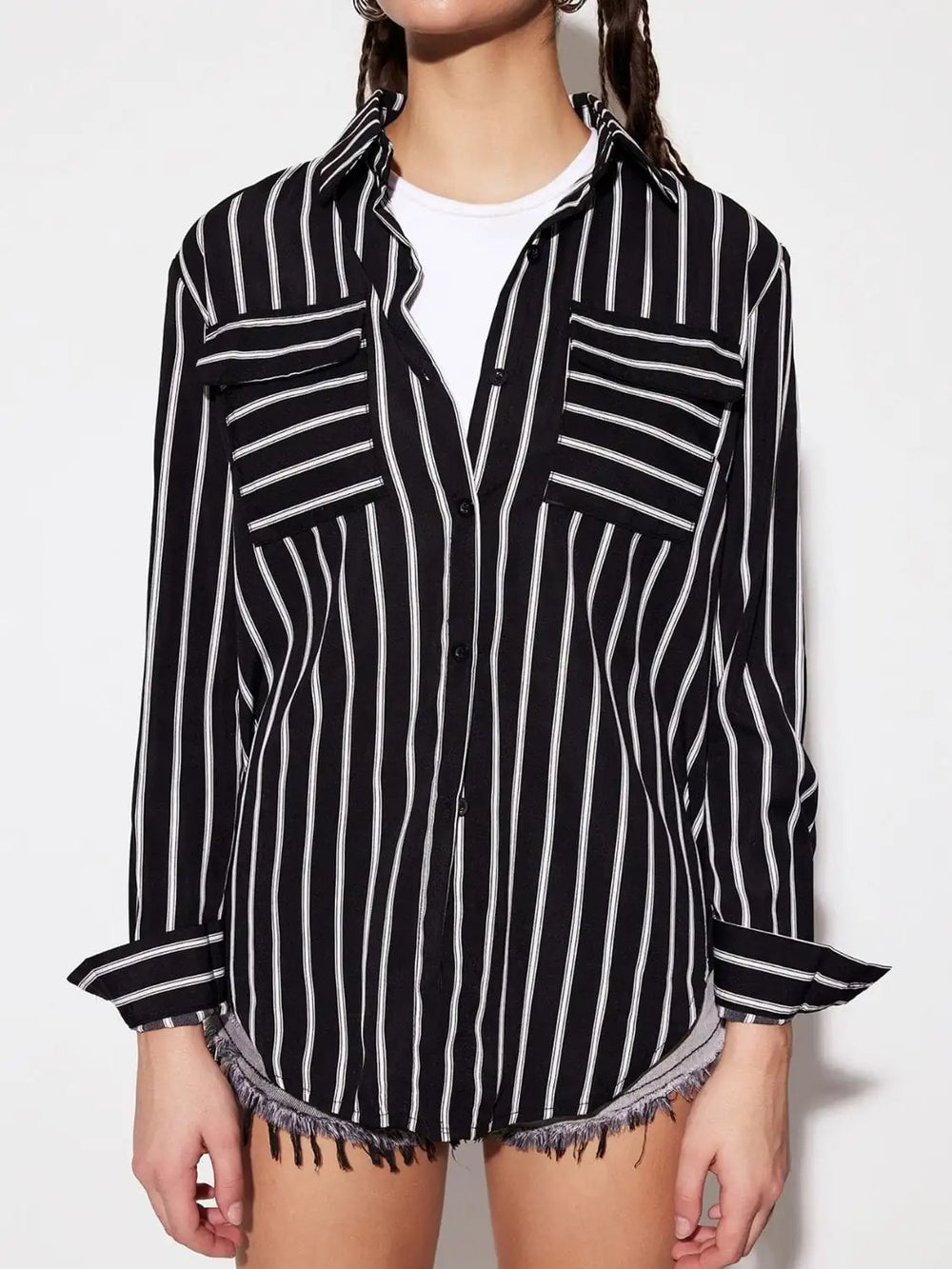 Striped Collared Neck Long Sleeve Shirt - Trendsi