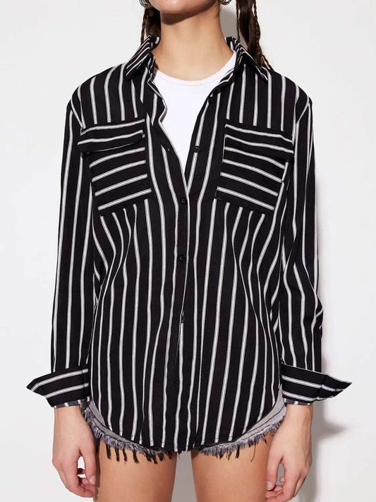 Striped Collared Neck Long Sleeve Shirt - Trendsi - Flyclothing LLC