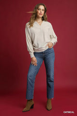 Umgee Linen Long Sleeves Elastic Hem Blouse - Trendsi - Flyclothing LLC