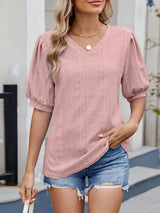 Puff Sleeve V-Neck Eyelet Lace T-Shirt - Trendsi - Flyclothing LLC