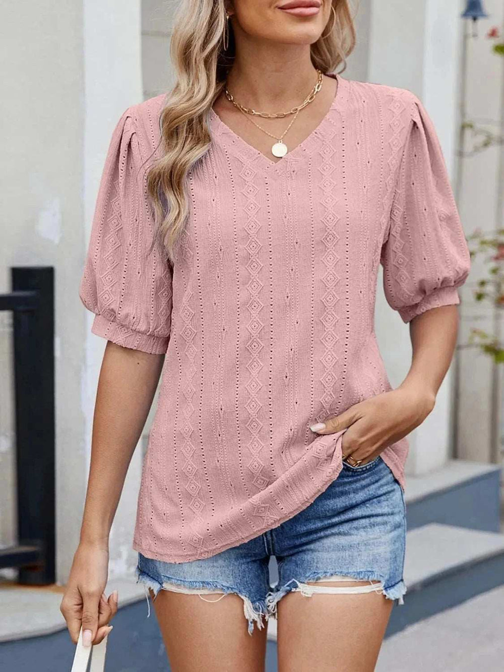 Puff Sleeve V-Neck Eyelet Lace T-Shirt - Trendsi - Flyclothing LLC