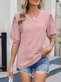 Puff Sleeve V-Neck Eyelet Lace T-Shirt - Trendsi - Flyclothing LLC