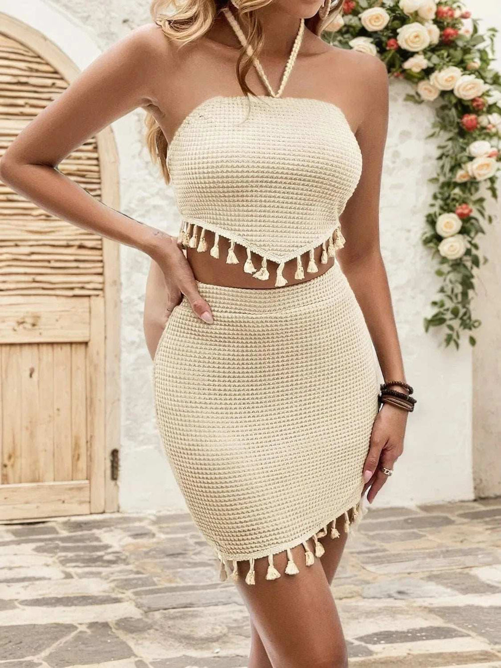 Waffle-Knit Halter Neck Top and Skirt Set - Trendsi - Flyclothing LLC