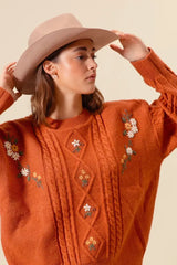 SO ME Embroidered Flower Cable Knitted Sweater - Trendsi - Flyclothing LLC