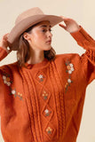 SO ME Embroidered Flower Cable Knitted Sweater - Trendsi - Flyclothing LLC
