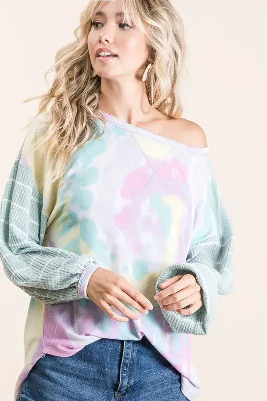 BiBi Tie Dye Terry Top with Wide Stripe Thermal Waffle - Trendsi - Flyclothing LLC