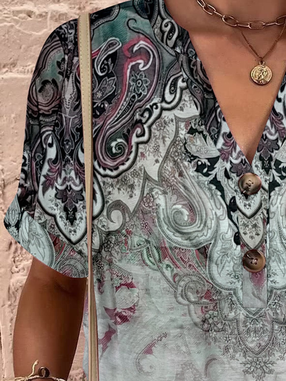 Full Size Printed Notched Short Sleeve Blouse - Trendsi