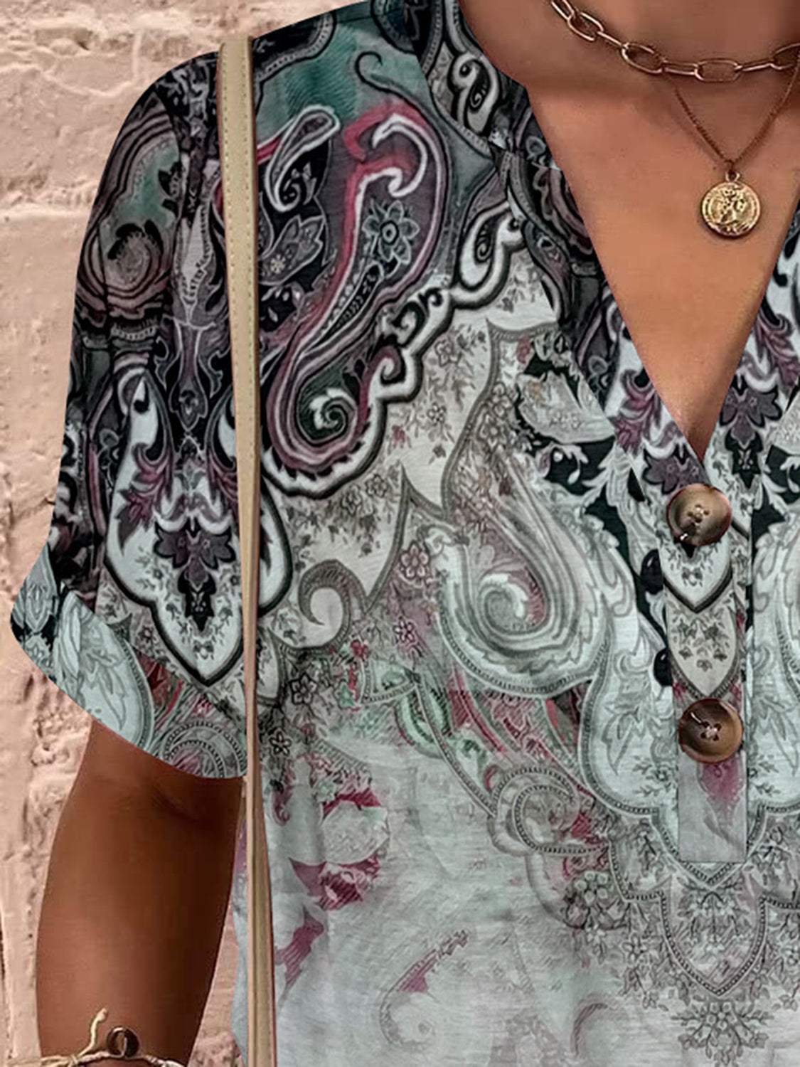 Full Size Printed Notched Short Sleeve Blouse - Trendsi - Flyclothing LLC