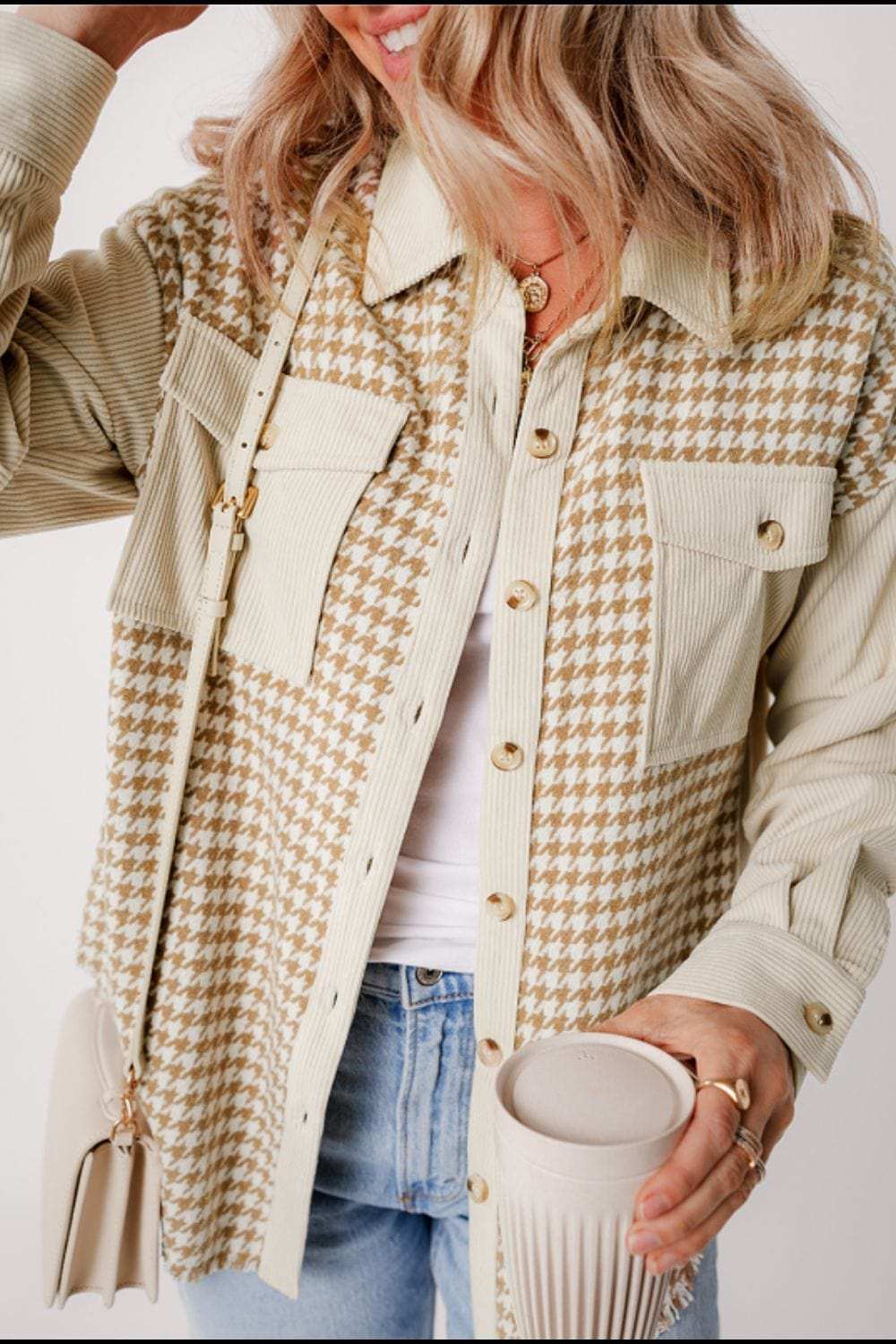 Houndstooth Button Up Long Sleeve Jacket - Trendsi - Flyclothing LLC