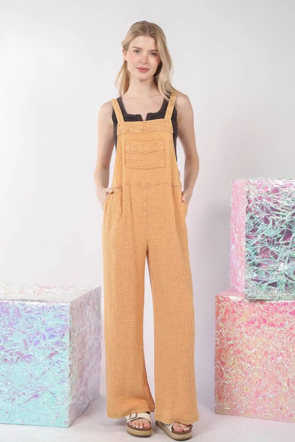 VERY J Texture Washed Wide Leg Overalls - Trendsi