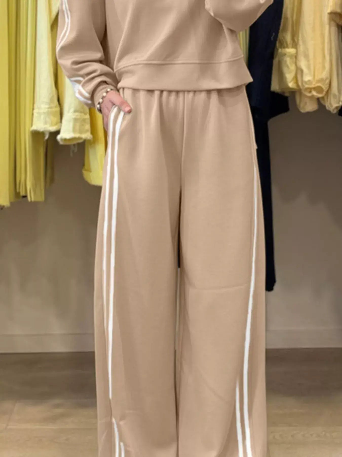 Striped Detail Crewneck Top and Elastic Sweatpants 2pcs Set - Trendsi - Flyclothing LLC