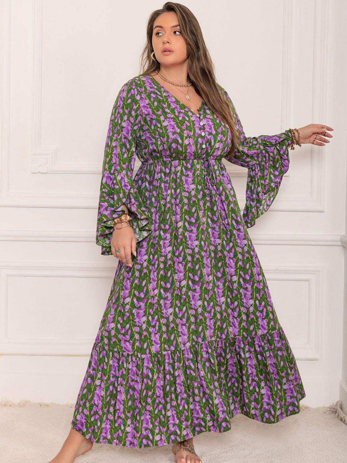 Plus Size Printed V-Neck Long Sleeve Maxi Dress - Trendsi - Flyclothing LLC