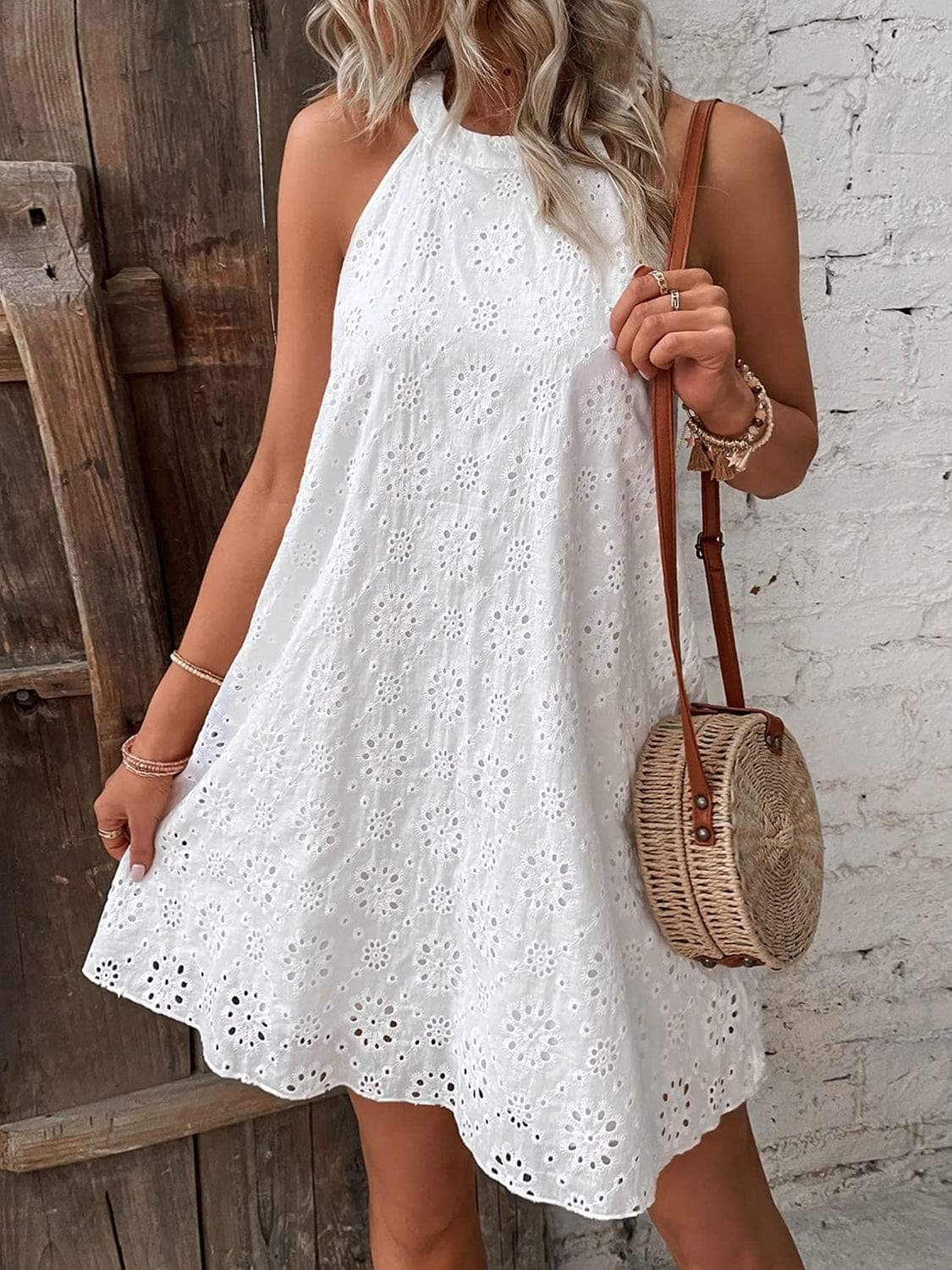 Eyelet Grecian Neck Mini Dress - Trendsi - Flyclothing LLC
