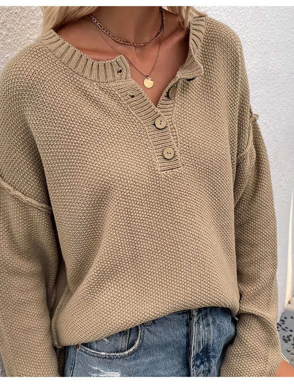 Button Detail Long Sleeve Knit Top - Trendsi - Flyclothing LLC
