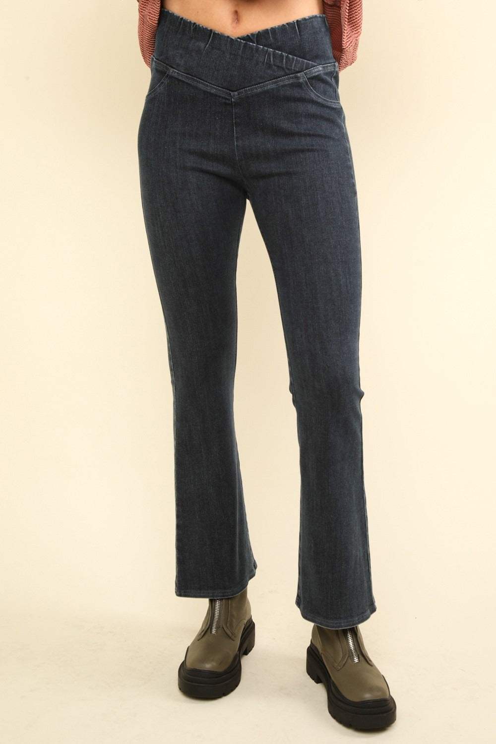 VERY J Washed Denim Stretchy Crossover Waist Leggings - Trendsi - Flyclothing LLC