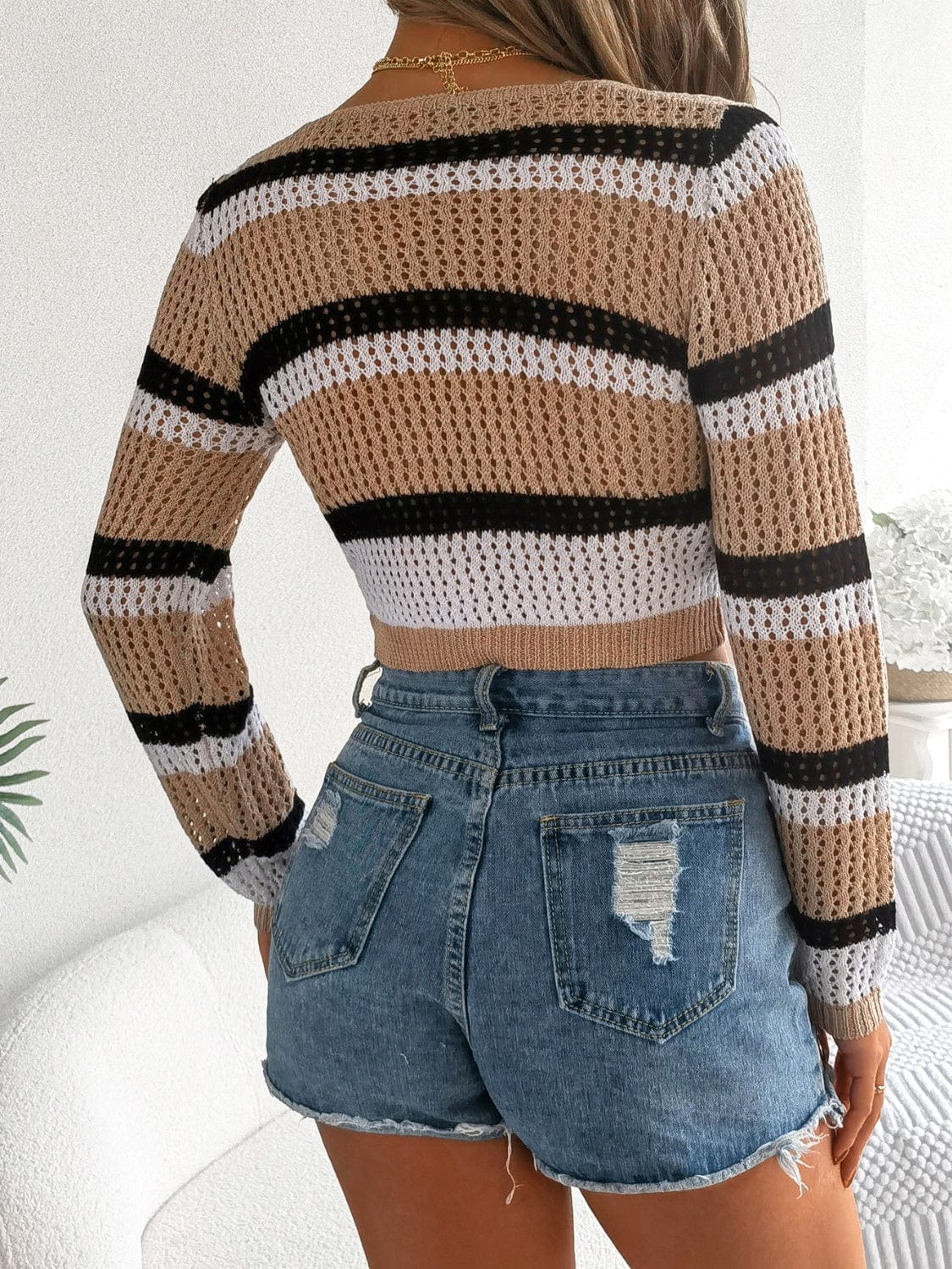 Tied Openwork Long Sleeve Knit Top - Trendsi