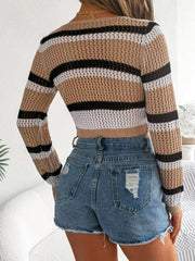 Tied Openwork Long Sleeve Knit Top - Trendsi