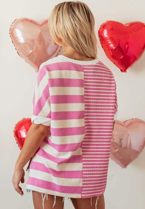 High-Low Striped Round Neck Short Sleeve T-Shirt - Trendsi - Flyclothing LLC