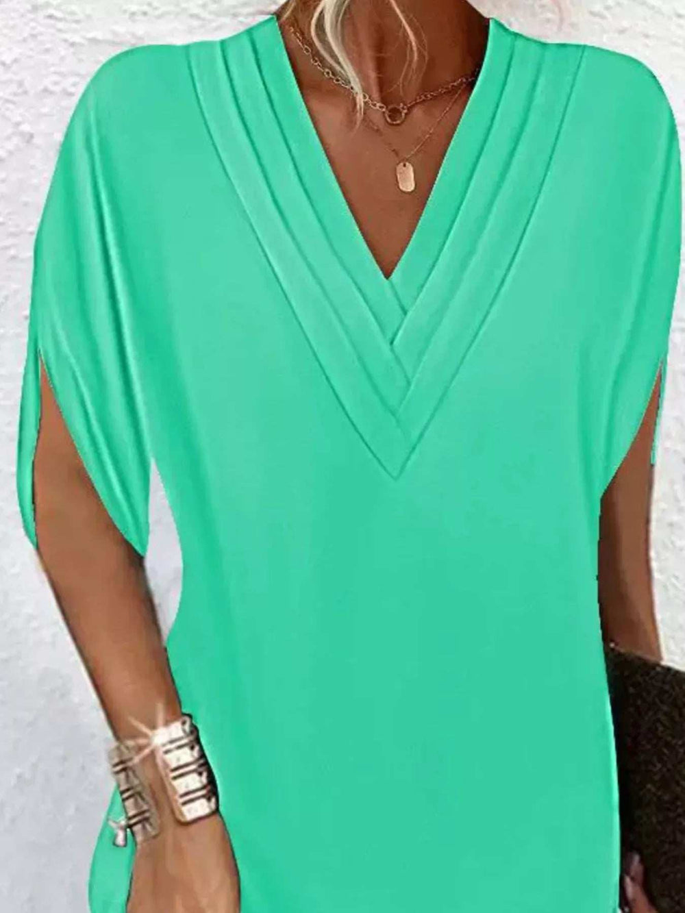 Full Size V-Neck Slit Sleeve Mini Dress Plus Size - Trendsi - Flyclothing LLC