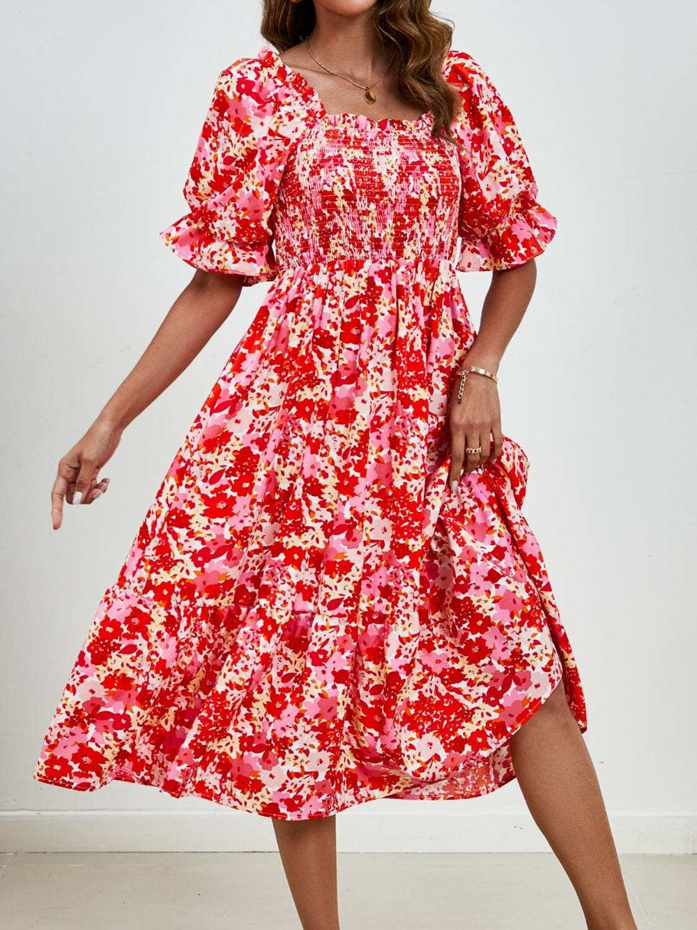 Smocked Floral Square Neck Short Sleeve Dress - Trendsi - Flyclothing LLC