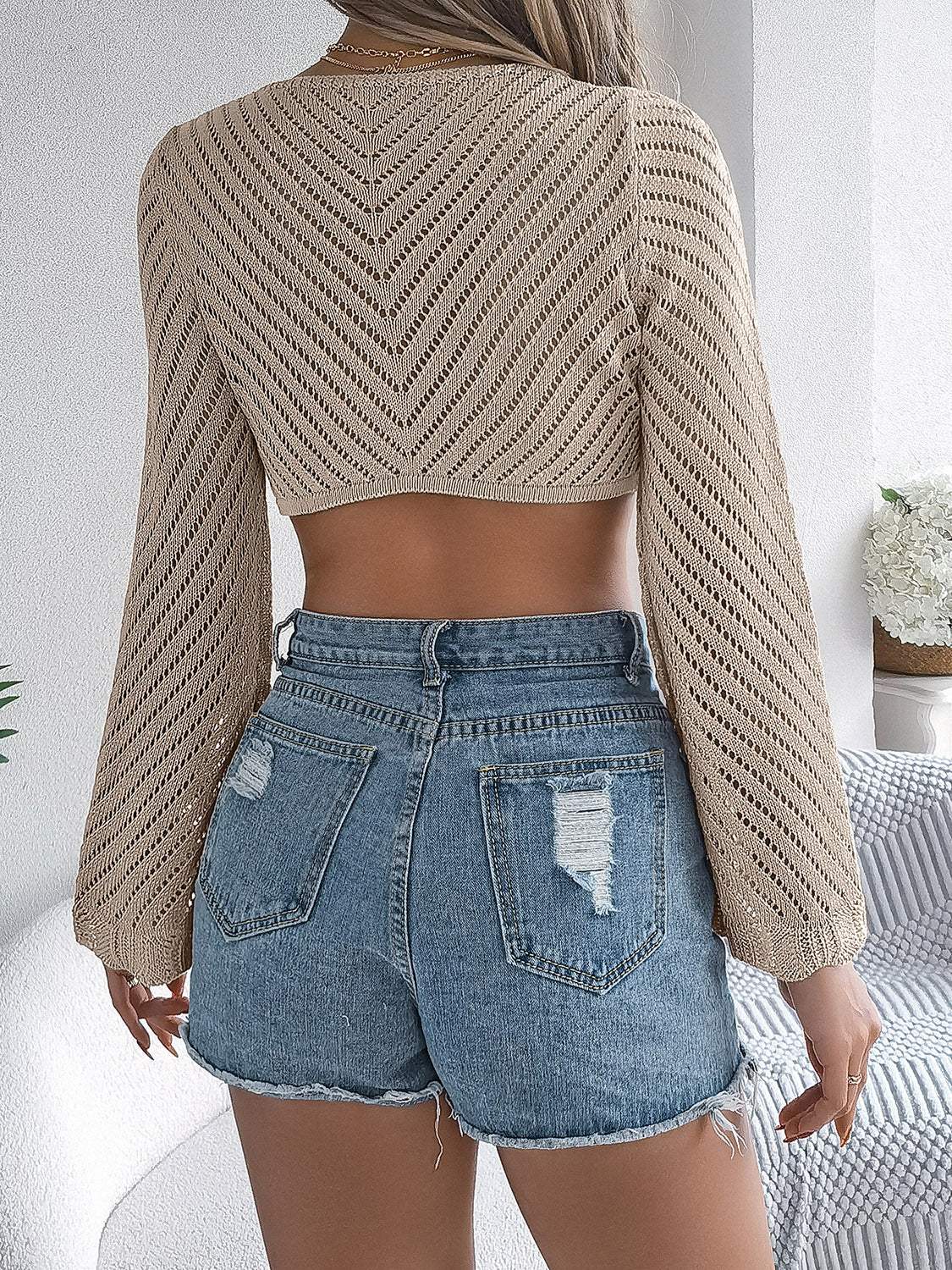 Openwork Tied Long Sleeve Knit Cover Up - Trendsi - Flyclothing LLC