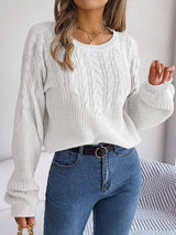 Cable-Knit Round Neck Drop Shoulder Sweater - Trendsi - Flyclothing LLC